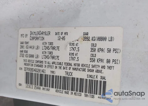 2006 Dodge Ram 2500 St z USA, uszkodzony, nr VIN 3D7KR28D46G201461